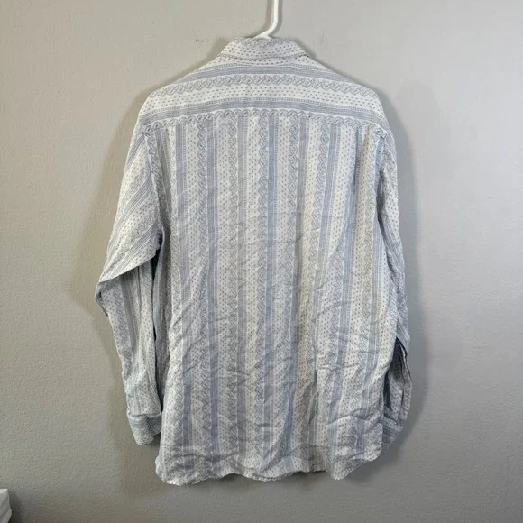 Lucky Brand Mens Large 100% Linen Blue White Paisley Striped Button Down Shirt - Picture 3 of 5
